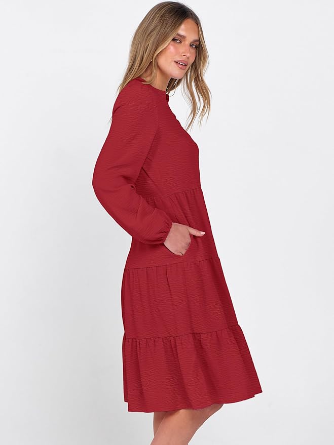 ANRABESS Womens Fall Midi Dresses Long Sleeve V Neck Swing Tiered Work Business Casual 2026 Flowy Beach Vacation Dress