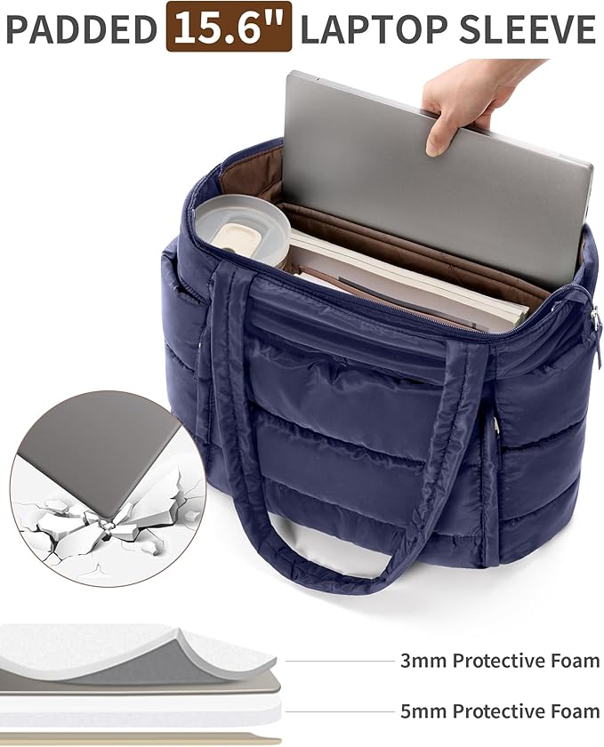 Puffer Tote Bag for Women, Lightweight Puffy Work Handbag Teacher Nurse Quilted Shoulder Bag for School Travel Gym | Quilted, with Zipper, Daily Carry On Bags, Comfy College Bags, 15.6" Laptop Sleeve, Cup Holder Pocket, Portable, Spacious