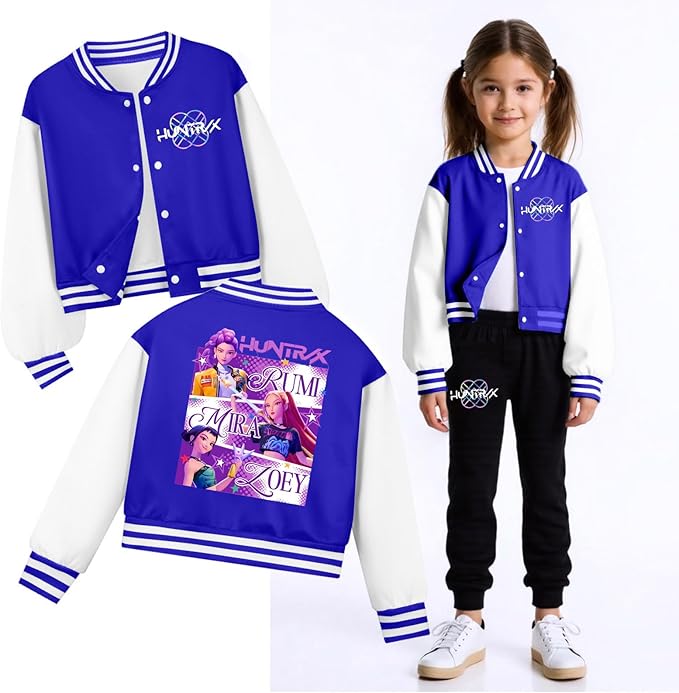 K PopGirls Kpop Tracksuit Cute Cartoon Print Baseball Coats Fashion Long Sleeve Jackets and Pants Christmas Costume Set