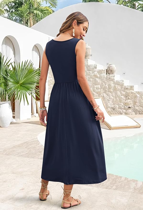 WNEEDU Women's Summer Maxi Dress 2026 Casual Sleeveless Hawaiian Sundress Tropical Long Dress Beach Vacation Outfit