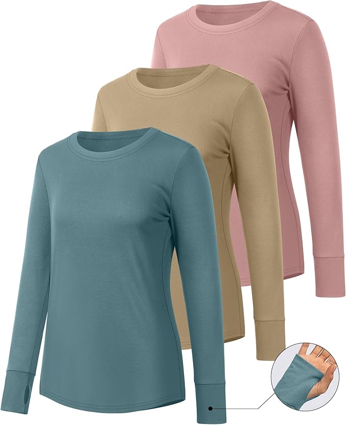 Huukeay 3 Pack Women's Long Sleeve Shirts with Thumb Holes, Cotton Casual Crew Neck Tunic Tops Fall Loose Y2k Trendy Outfits
