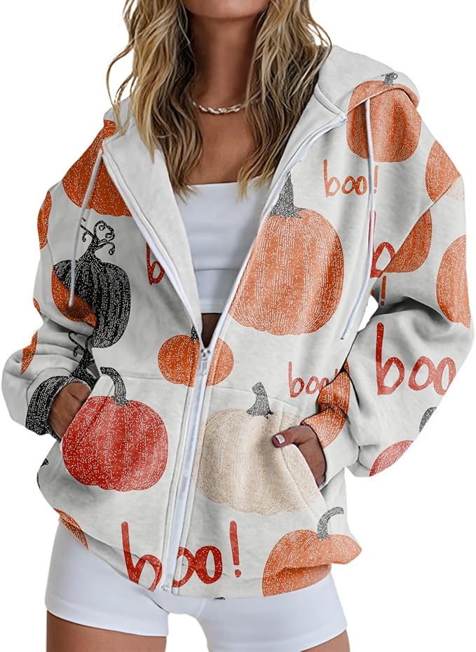 domirica Halloween Hoodie Lightweight Zip Hoodies For Women Fall Casual Vintage Sweatshirt Casual Wear Fashion Outfits