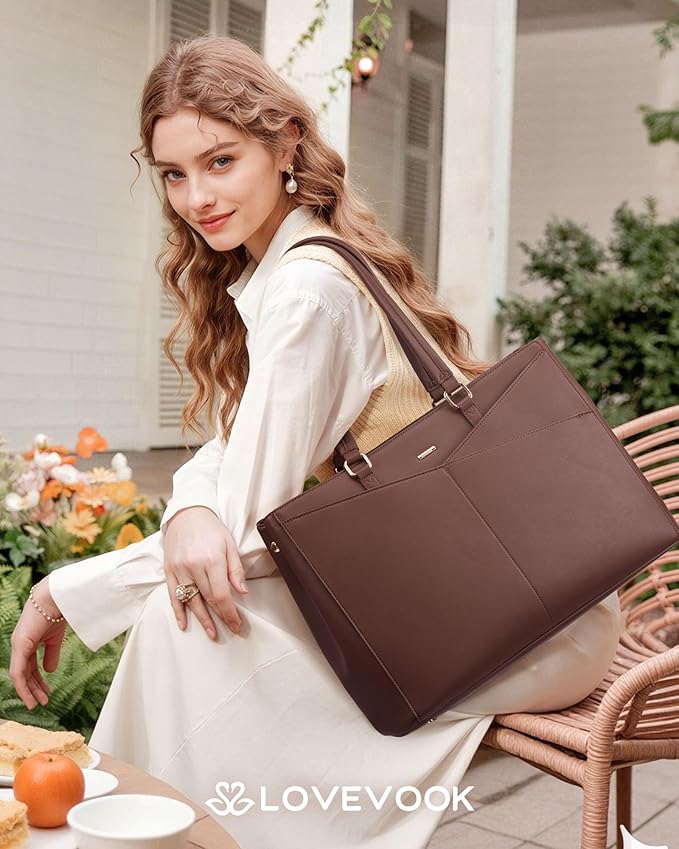 LOVEVOOK Lunch Tote Bag for Women, 3 in 1 Work Bag with Leakproof Cooler Compartment, Laptop Bag with Large Cup Holder for Office, College, Casual, Cinnamon