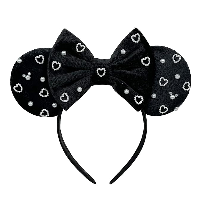 WW-WONDERFULWORLD Mouse Ears Headband with Black Velvet Bow, Pearl Heart Decorations, Costume Accessory, Party Cosplay; 8AX