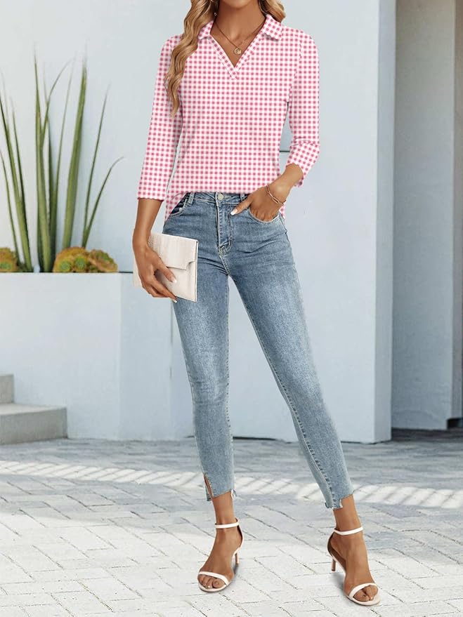 3/4 Length Sleeve Womens Tops Dressy Casual V Neck Polo Shirts Business Work Blouses 2025 Trendy Tunic Top