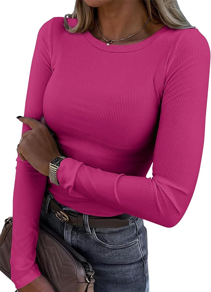 Roselux Womens Long Sleeve Stretch Crewneck Ribbed T-Shirt Fitted Casual Basic Tops