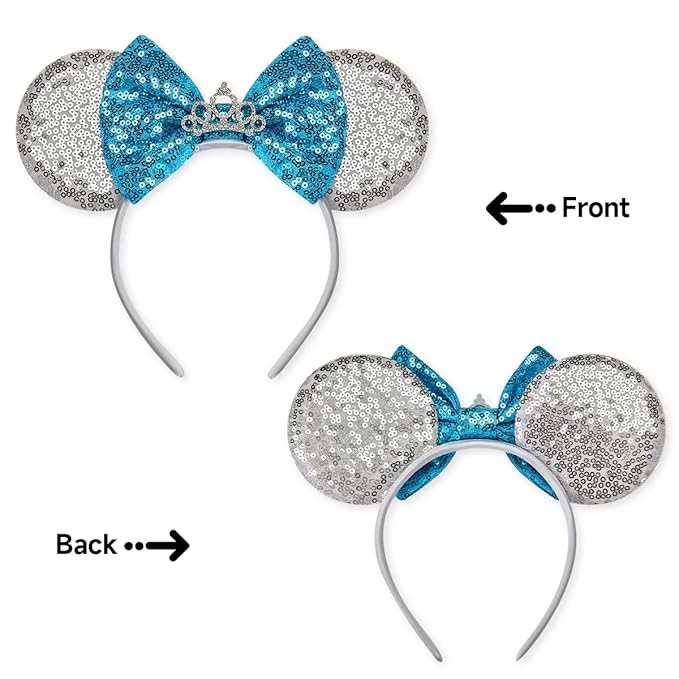 RAZKO Sequin Mouse Ears Headband, Cinderella Silver Blue Mice Ears Hairband Princess Headband for Women Girls Hair Accessories (Silver-Crown)