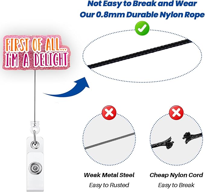 First of All, I'm a Delight Funny Badge Reel, Pink Retractable ID Card Badge Holder, Name Tag Work Badge Clip for RN LPN CNA MA ER Night Shift Nurse Nursing Student Doctor Teacher, Nurse Gifts