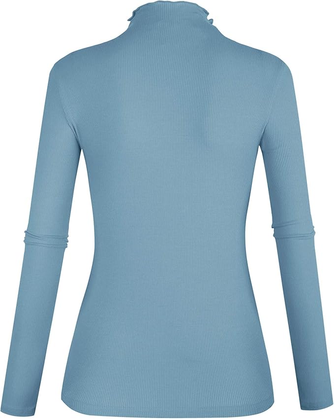 POPZONE Women's Lettuce Trim Mock Neck Long Sleeve Slim Fit Ribbed Knit Tee Shirt Tops