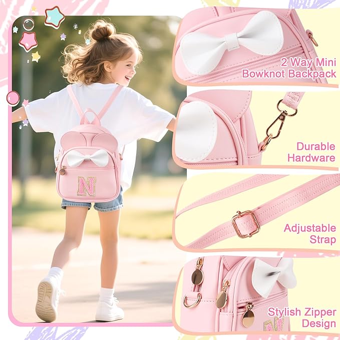 UIXIZQ Personalized Toddler Backpack for Girls 3–10, Cute Mini Bowknot Mouse-Ear Toddler Bookbag Crossbody Purse, Small Daypack Wallet Set, Initial Birthday Gift, Trendy Little Kids/Teen Bag(Pink,N)