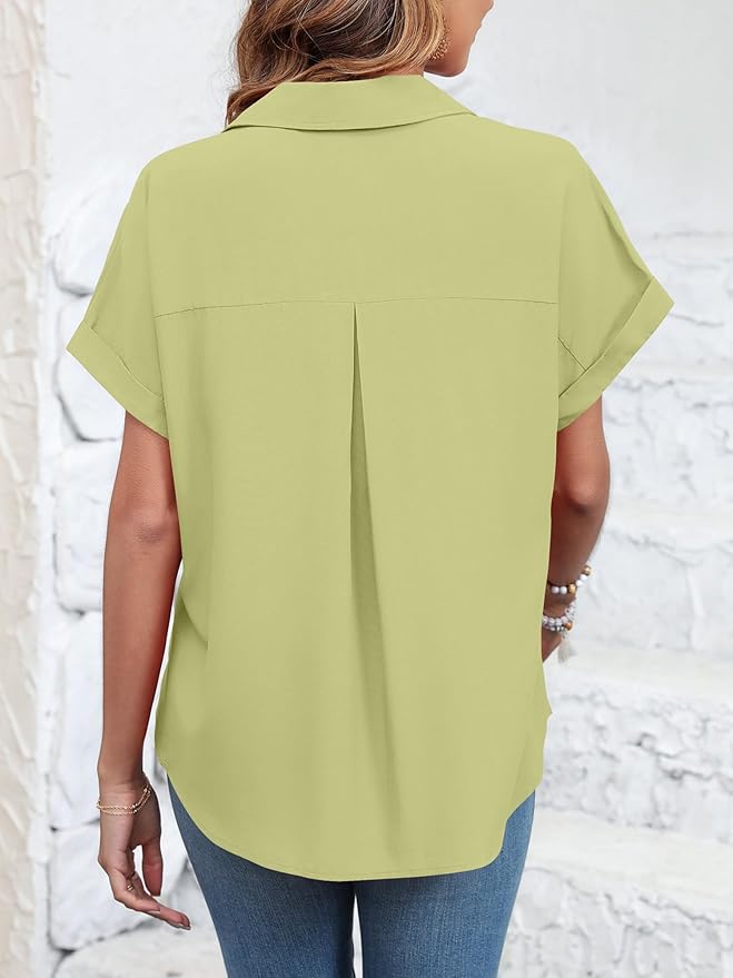 Womens Button Down Shirt Casual Short Sleeve Collared Work Blouse with Pocket