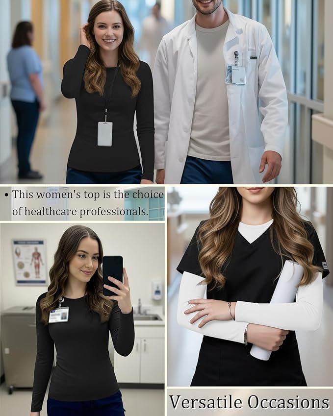3 Pack Women's Underscrub Shirts Long Sleeve Thermal Scrub Undershirts Nurse Crew Neck Slim Fit Fleece Top Basic Tee