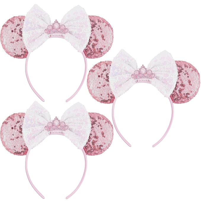 LIHELEI Mouse Ears Headband for Princess, Pink Minnie Ears for Women Halloween Costume, Sequin Bows Headwear Hair Accessories for Women - Pink