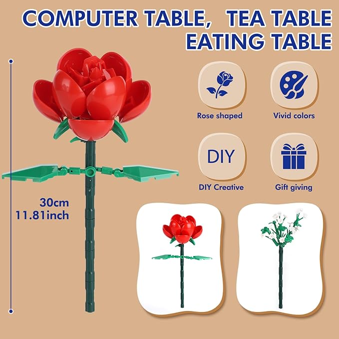 Dexblocks 780 PCS Red Rose Building Flower Bouquet Kit for Adults & Kids, DIY Artificial Flowers Set for Home Decor, Desk Display, Gifts for Women, Girls (Red Rose)