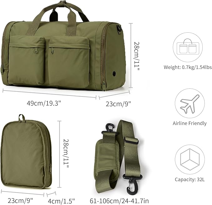 Aji Foldable Gym Bag for Women Men with Shoes Compartment, 3 in 1 Carry on Travel Duffel Bag with Trolley Sleeve, Lightweight&Water Resistant Duffel Bag for Travel, Sport, Fitness&Workout,Garden Green
