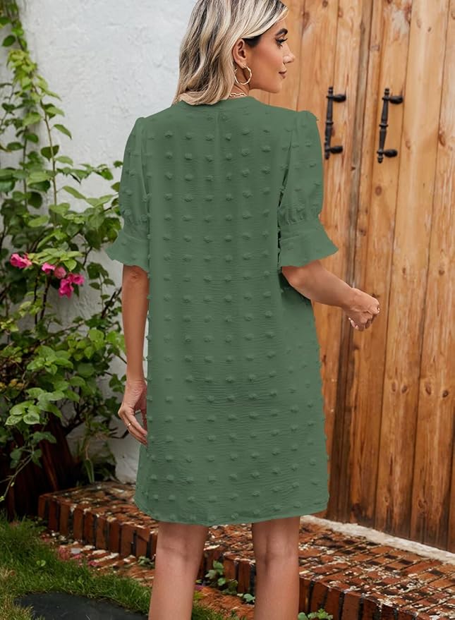 QACOHU Summer Dresses for Women V Neck Ruffle Short Sleeve Casual Shift Dress