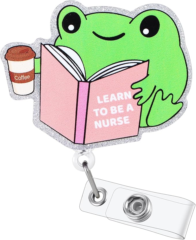 Learn to BE A Nurse Funny Badge Reel, Cute Frog Retractable ID Card Badge Holder, Name Tag Work Badge Clip for RN LPN LVN CNM CNA MA PCA ER Nursing Student Doctor, Nurse Gifts