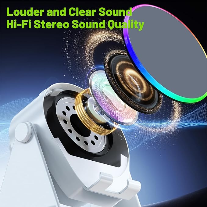 Wireless Induction Audio Bluetooth Speaker, 4 in 1 Phone Stand Speakers Amplifier with Colorful Ambient Light,360° Adjustable Holder for Tablet iPhone Android, Gifts for Men Women Teens-White