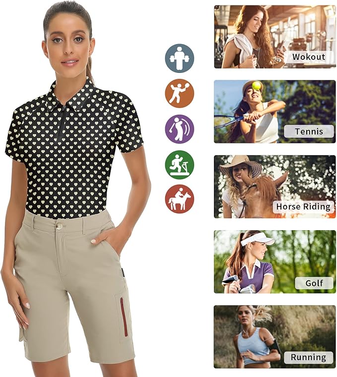 Women's Golf Shirt Short Sleeve Tennis Shirt Quarter Zip Golf Pullover Golf Polo Shirts Argyle Tops