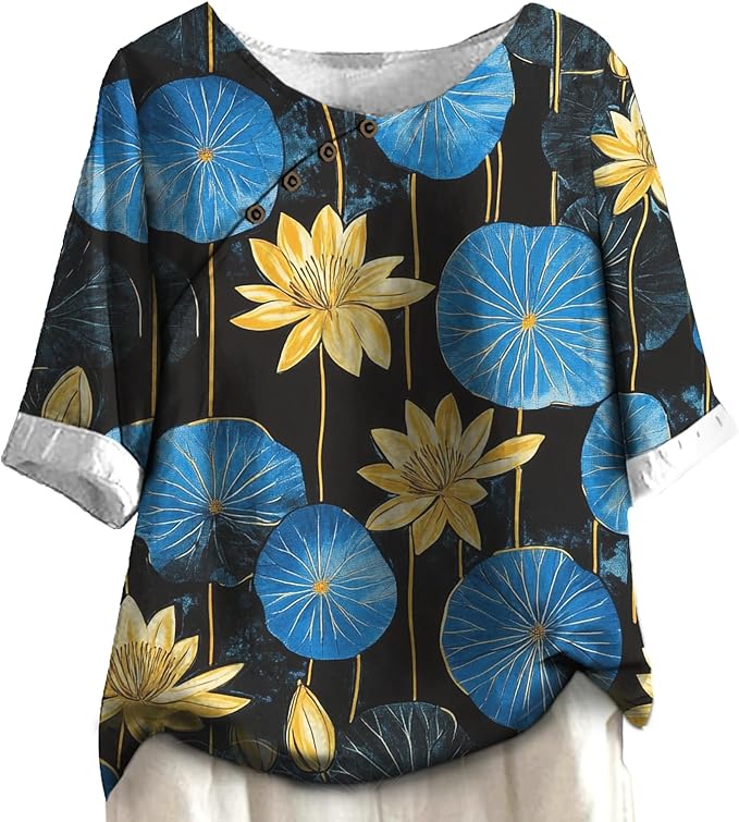 Women's Shirts Dressy Casual Asymmetric Side Button Down Design Tops Summer Loose Fit Crewneck Graphic Tees