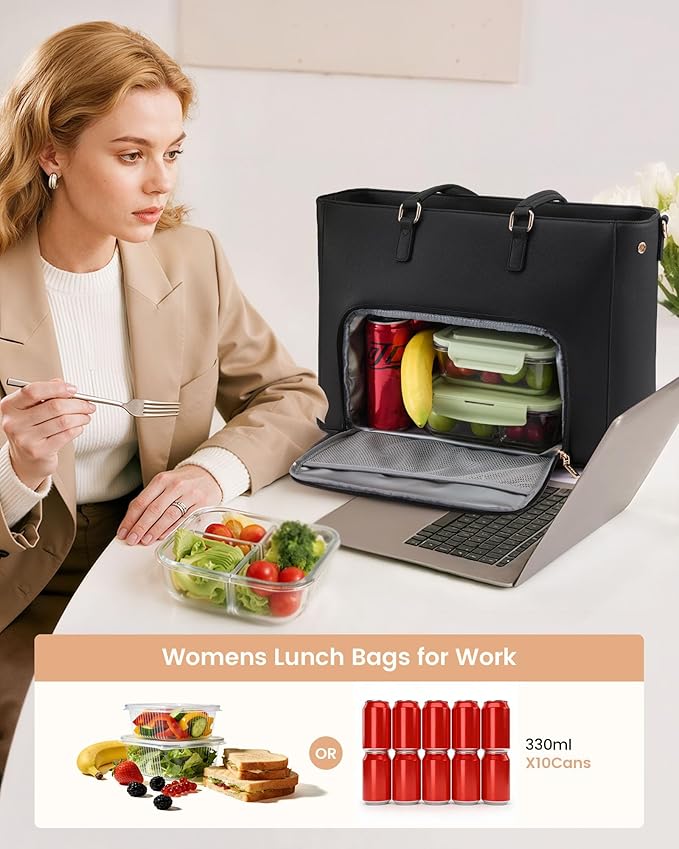 LOVEVOOK Lunch Tote Bag for Women, 3 in 1 Work Bag with Leakproof Cooler Compartment, Laptop Bag with Large Cup Holder for Office, College, Casual, Beige-black-brown