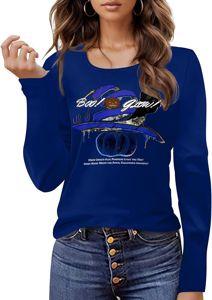 domirica Halloween Sweatshirts For Women Cute Pullover Fall Long Sleeve Pullover U-Neck Halloween Crazy Party Club Clothes