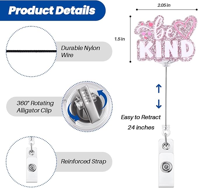 Be Kind Funny Medical Badge Reel | Cute Retractable ID Card Healthcare Badge Holder | Name Tag Work Badge Clip for RN LPN CNA MA ER Night Shift Nurse Nursing Student Doctor | Nurse Gifts | Acrylic