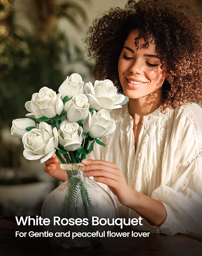 iATOM White Rose Bouquet Building Set, 12Pcs Wedding Flower Botanical Collection for Adult, Valentine's Day Gift for Her/Girlfriend/Mom/Wife/Couple, Boho Modern Home Office Table Centerpiece Decor
