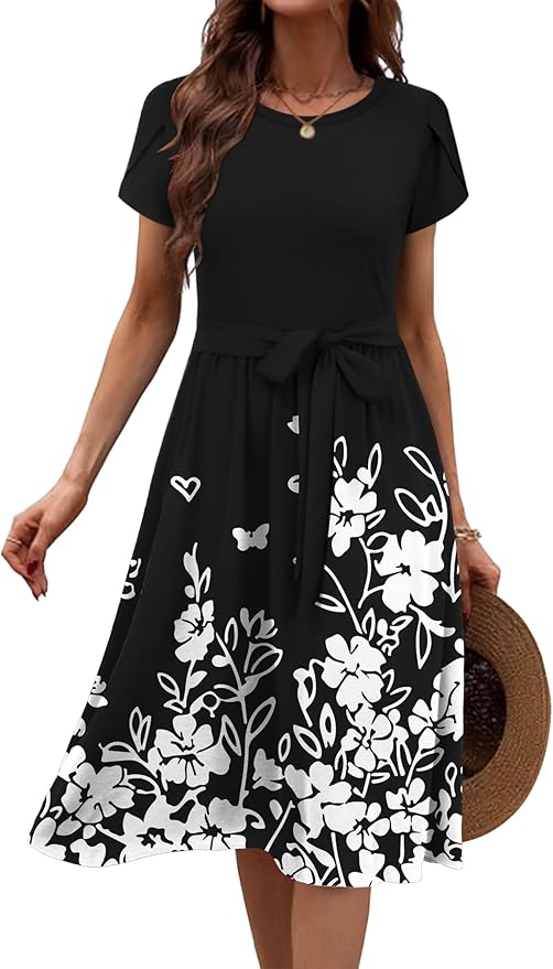 Zeagoo Womens Midi Dress Summer Short Sleeve Dress with Pockets 2025 Casual Floral T-Shirt Dress Flowy Beach Sundress