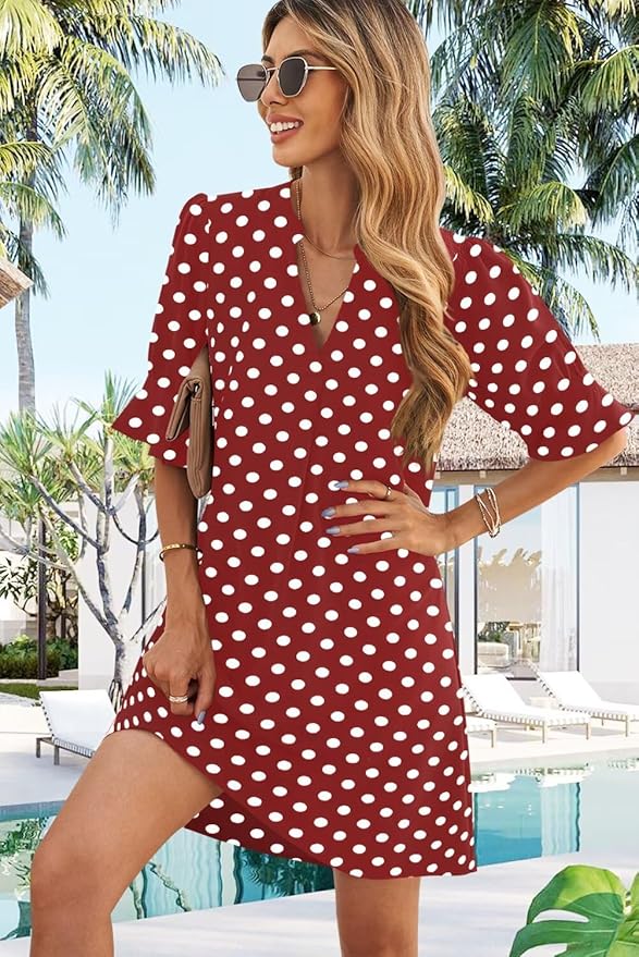 Wkior Shift Dress for Women V Neck Short Sleeves Solid Color Casual Flowy Summer Dresses(S-2XL)