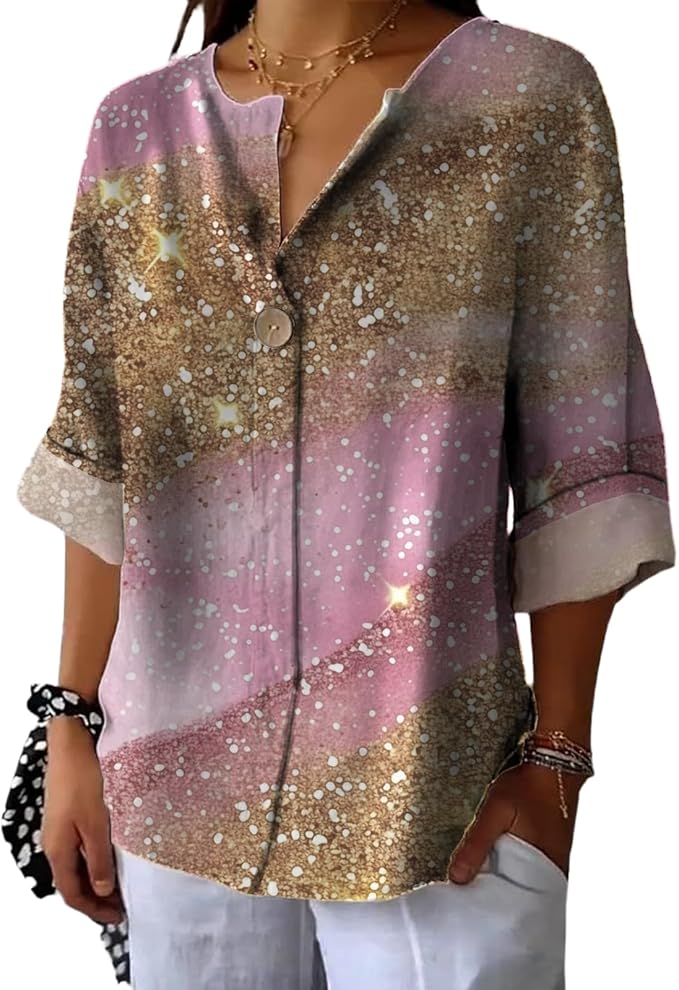 Long Sleeve Shirts for Women V Neck Button Boho Graphic Blouses Casual Collared Fashion Summer Flowing Tops