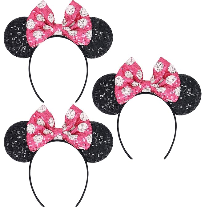 LIHELEI Minnie Ears Mouse Ears Headband with Sequin Bows, Headbands for Halloween Costume, Headwear Hair Accessories for Women - 3PCS Hot Pink