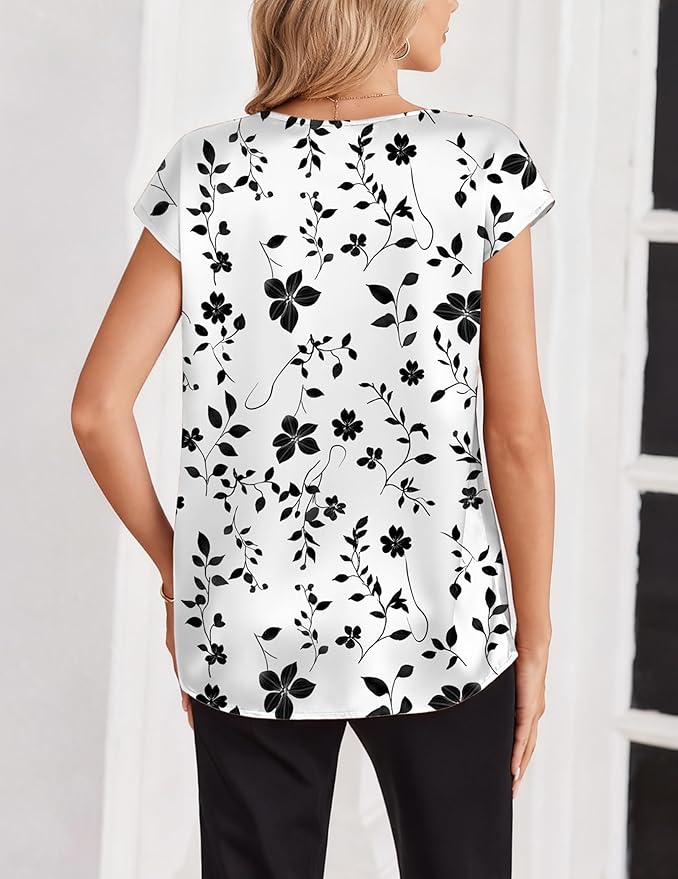 Zeagoo Women Silk Satin Tops Cap Short Sleeve Blouse V Neck Shirts Business Casual Outfits S-2XL