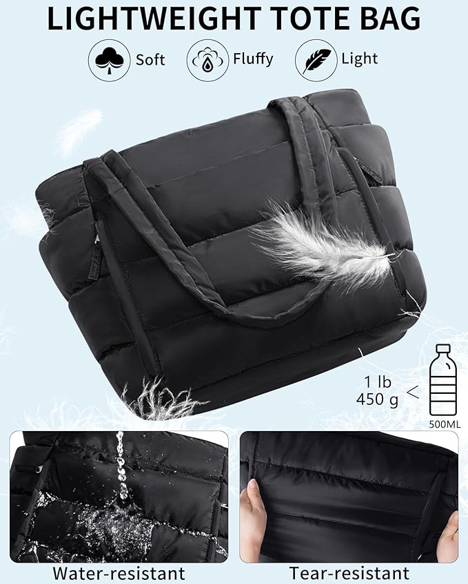Puffer Tote Bag for Women, Lightweight Puffy Work Handbag Teacher Nurse Quilted Shoulder Bag for School Travel Gym | Quilted, with Zipper, Daily Carry On Bags, Comfy College Bags, 15.6" Laptop Sleeve, Cup Holder Pocket, Portable, Spacious