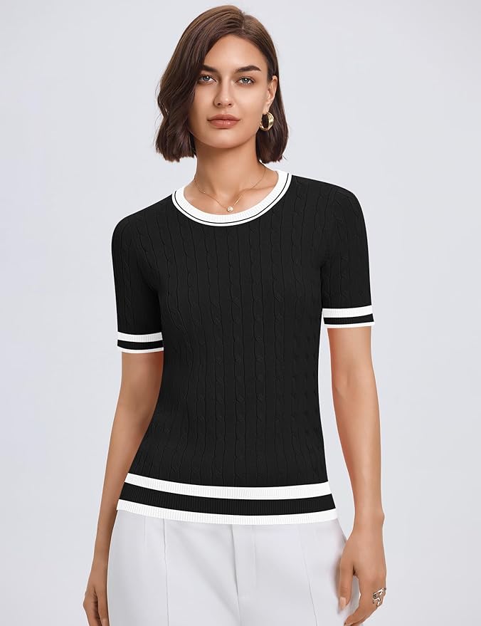 Micoson Womens Short Sleeve Cable Knit Sweater Tops Crewneck Lightweight Spring Summer Shirts Business Dressy Casual Outfits