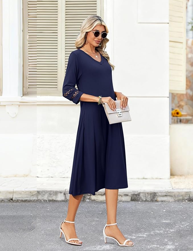 Zeagoo Women's Dresses 3/4 Sleeve Summer Casual V-Neck A Line Flowy Eyelet Midi Dress for Women Beach Vacation Sundress