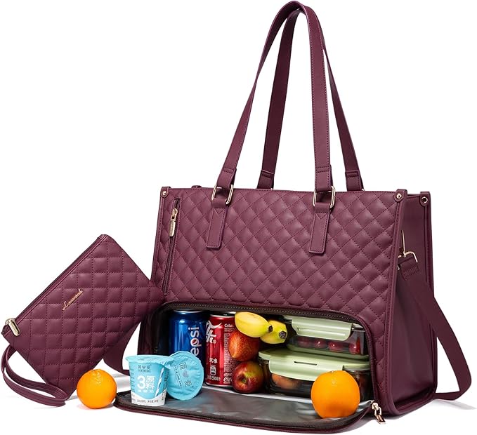 LOVEVOOK Lunch Tote Bag for Women, 15.6 Inch Laptop Bag with Insulated Lunch Compartment, Quilted Large Capacity Computer Handbag with Purse for Business, Work, Nurse, Collage, Office, Casual, Wine