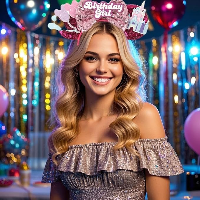 XINGKANG Mouse Ear Sparkling Headband, pink bow, birthday, Balloons, Castle, Firmly Occupying the C Position at the Party