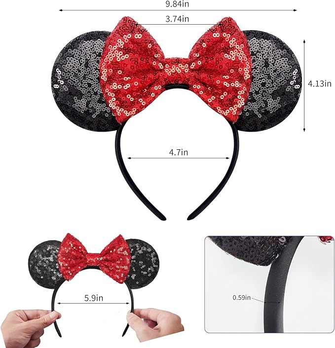 YUNISS Handmade Sparkly Mouse Ears Headband for Adults & Kids | Upgraded Wide Band |Velvet Non-Slip Band, All-Day Comfort