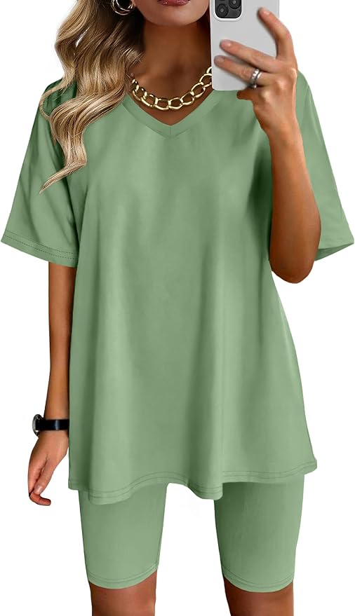AGSEEM Two Piece Outfits For Women Summer V Neck T-Shirt Tops Biker Shorts Workout Sports Tracksuit