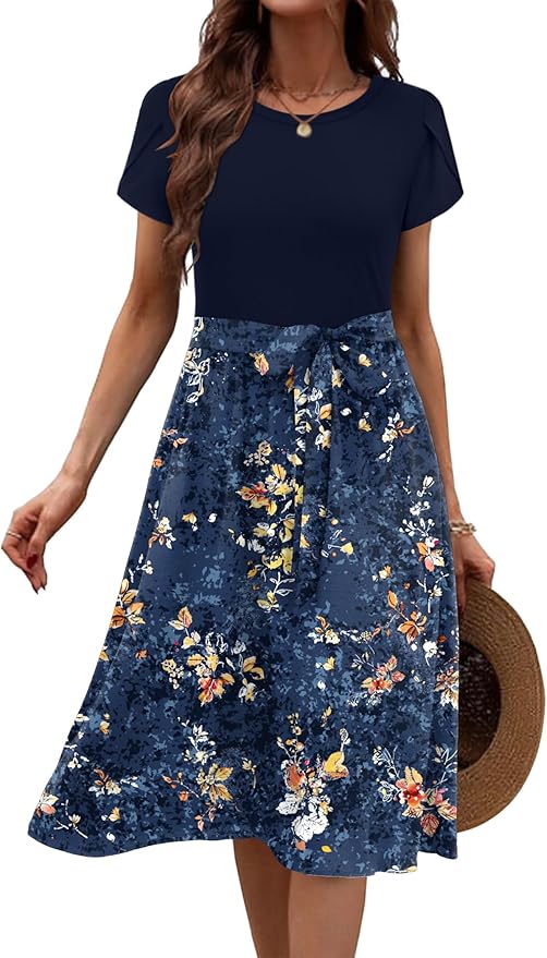 Zeagoo Womens Midi Dress Summer Short Sleeve Dress with Pockets 2025 Casual Floral T-Shirt Dress Flowy Beach Sundress