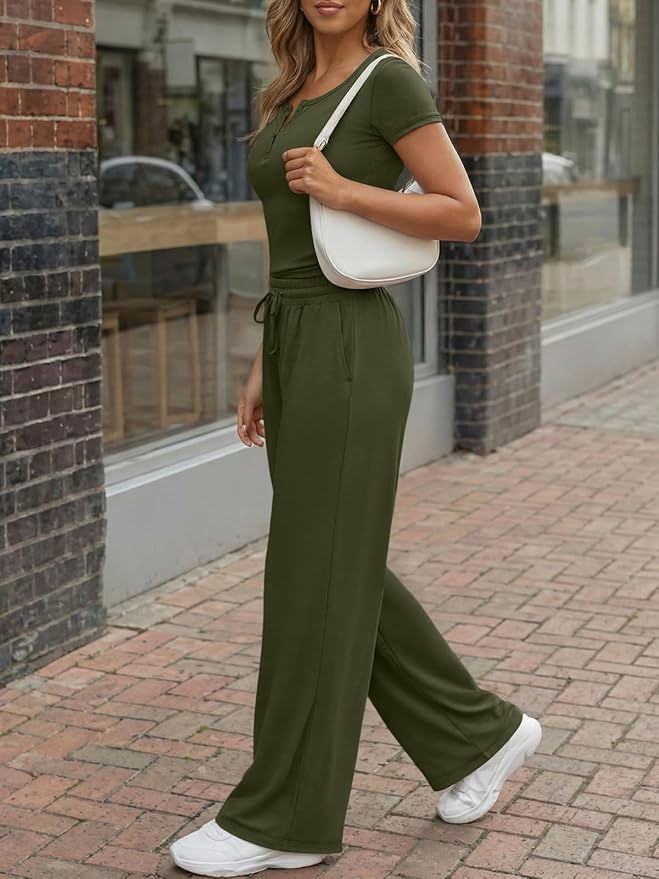 Trendy Queen Women's 2 Piece Matching Lounge Sets Summer Henley Neck Slightly Crop Top Wide Leg Pants Casual Sweat Suit