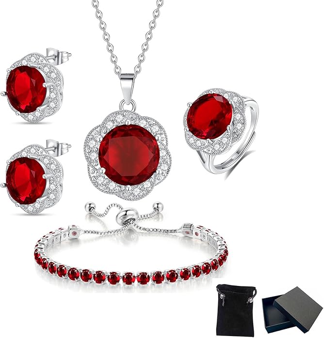 kai bao city 4pcs Set large size Zirconia Flower Pendant Necklace Earrings Ring Tennis Bracelet Set Silver Crystal Fashion Adjustable Jewelry for Women Wife Party Prom Wedding Gifts