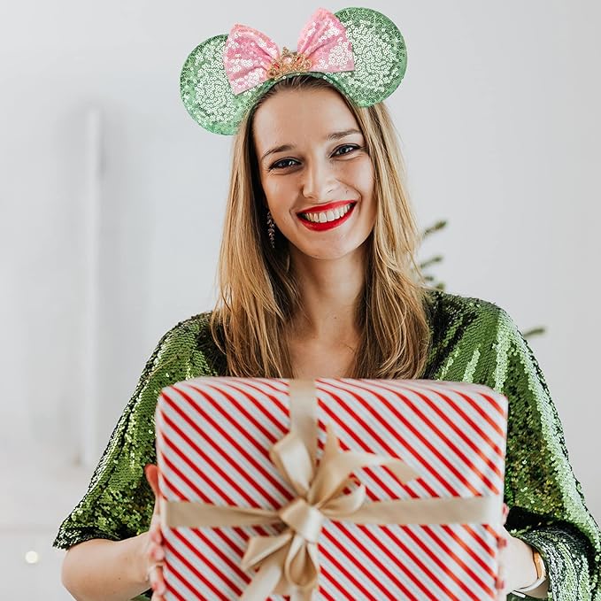 RAZKO Mouse Ears Headband, Sequin Green Mice Ears Hairband Animal Ears Headband for Women Girls Hair Accessories (Green Crown L)