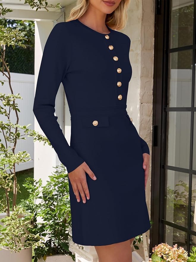NENONA Women's 2026 Long Sleeve Fall Winter Sweater Dress Spring Fashion Button Elegant Business Casual Work Mini Dresses