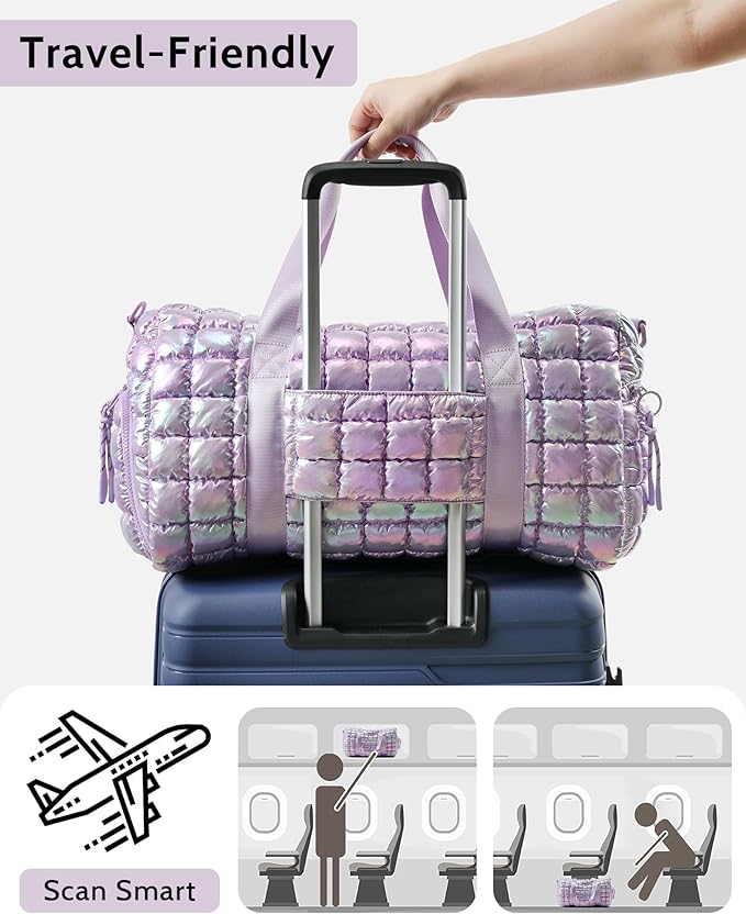 Quilted Duffel Bag for Women, Puffer Gym Duffle Bag with Shoe Compartment Lightweight Large Crossbody Sport Travel Bag Tote Purple Lilac