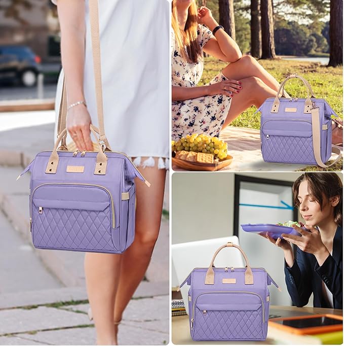 AIJIEKE Lunch Bag for Women, Leakproof & Insulated Work Lunch Box Tote, Reusable Adult Cooler Bag with Water Bottle Side Pocket & Removable Shoulder Strap, Purple