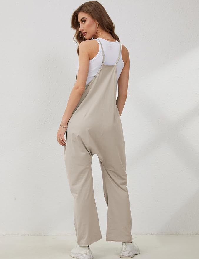 Lentta Women's Causal Jumpsuits V Neck Sleeveless Harem Overalls Stretchy Adjustable Strap Romper with Pockets