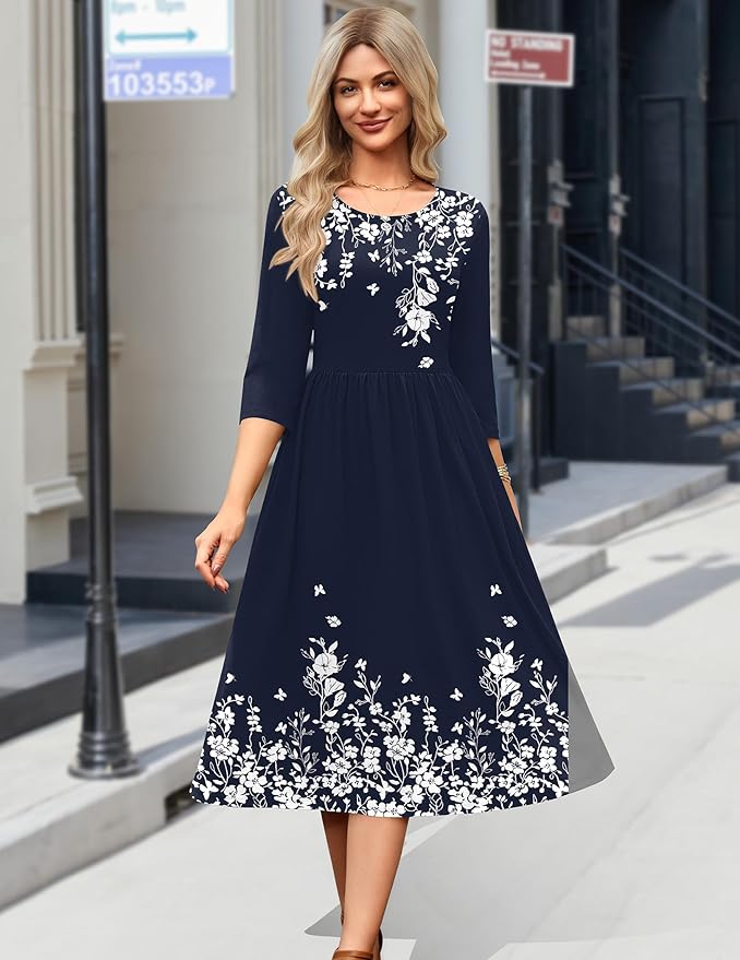 Zeagoo 3/4 Sleeve Women's Dress Casual Flowy A-Line Midi Tshirt Dresses with Pockets Crewneck Vocation Boho Beach Sundress
