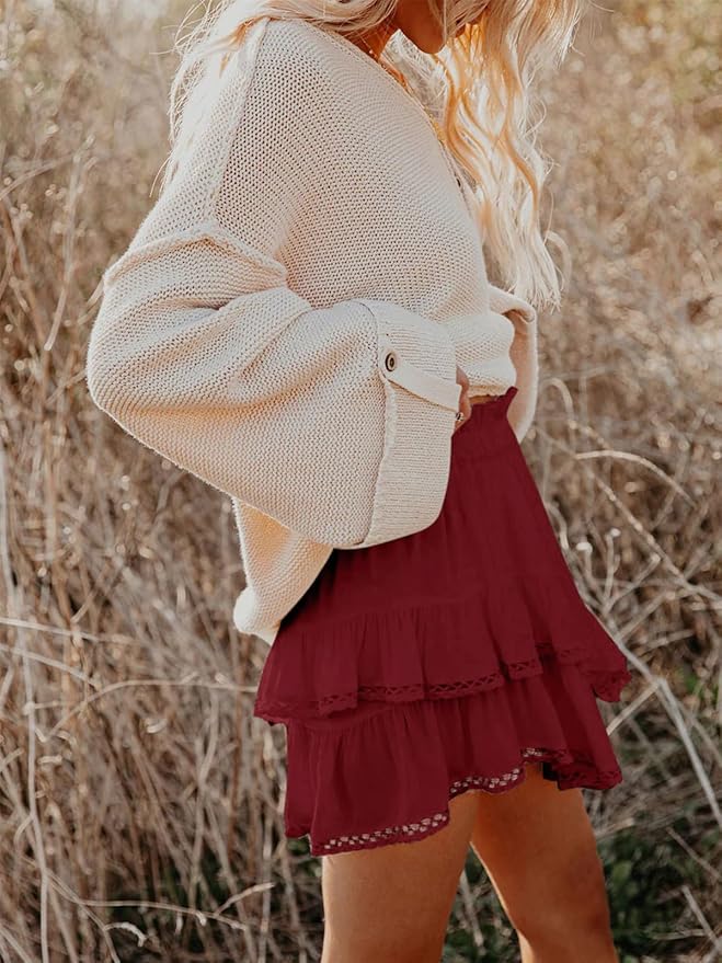 Aoudery Flowy Shorts for Women Casual Boho Ruffle Tiered Skorts High Waist Mini Skirts Golf Tennis Crochet Shorts